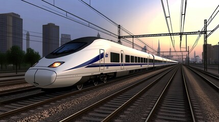 Naklejka premium An ultra-luxury maglev train speeds along an elevated track against a vibrant sunset, surrounded by skyscrapers and lush green vegetation in the valley below