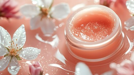 Transparent Glass Jar with Organic Beauty Cream and Floral Petals