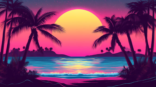 Summer beach poster retrowave or synthwave neon colors, retro style. Vaporwave. Illustration
