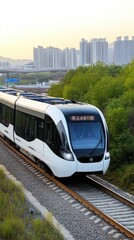 Naklejka premium An ultra-luxury maglev train speeds along an elevated track against a vibrant sunset, surrounded by skyscrapers and lush green vegetation in the valley below