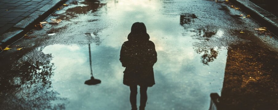 Fragmented Identity: Distorted Shadow in Rain Puddles on Lonley Street