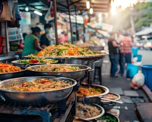 Obraz premium Vibrant Open Air Market Food Stall with Bustling Street Scenes and Colorful Ingredients