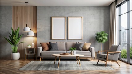 Modern interior living room with a mock up poster frame , Contemporary, render, interior space, design, home decor