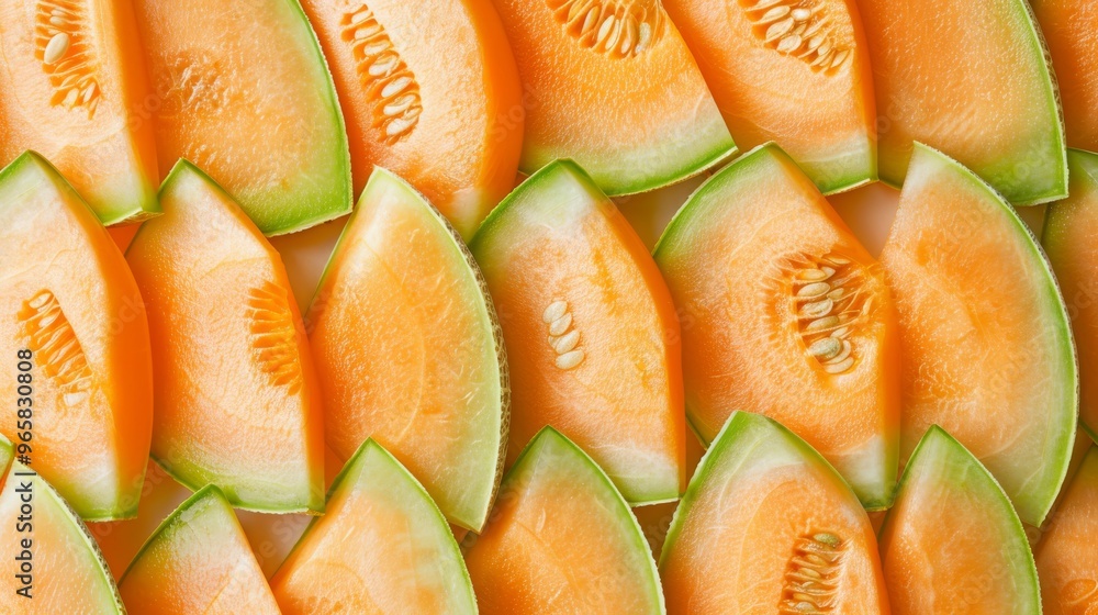 Poster fresh cantaloupe slices arranged in a neat pattern, showcasing their vibrant orange flesh and green 