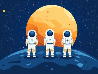 Obraz premium Three astronauts standing on a celestial body, gazing at a large planet in space, showcasing the exploration of outer space.