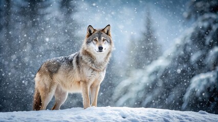 Fototapeta premium Solitary wolf standing still in the quiet of falling snow , wolf, solitary, winter, snow, nature, wildlife, majestic