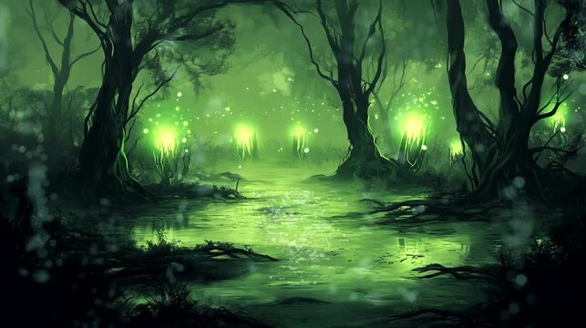 Misty swamp with gnarled, twisted trees, glowing green will-o'-the-wisps hovering above the murky water. Halloween concept, looping 4k video animation background