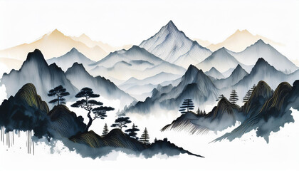 Scenic mountain view in traditional Chinese ink style, hand drawn art with black watercolors