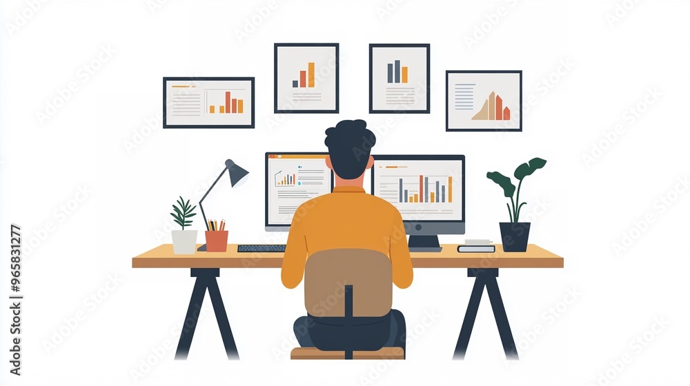 Poster person analyzing data on computer in modern home office with charts and plants