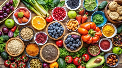 Healthy selection of superfoods including vegetarian and vegan options