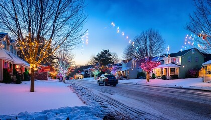 A quiet neighborhood street in an American town, lit up with colorful Christmas lights.