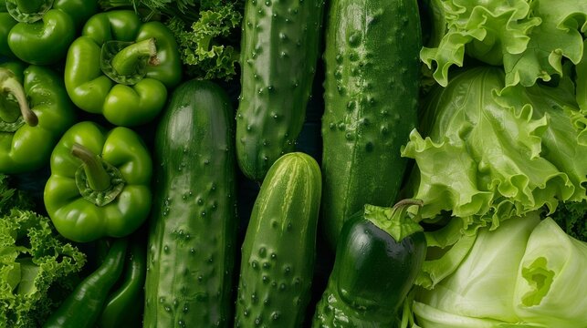 Green vegetables like cucumbers, green peppers, and romaine lettuce arranged to showcase their freshness and detailed textures.