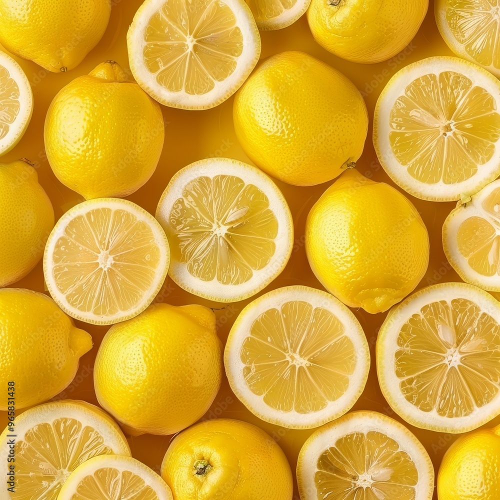 Poster Lemon background with a neatly organized pattern of whole lemons and lemon halves, emphasizing the vibrant yellow hue and detailed surface of the citrus fruit