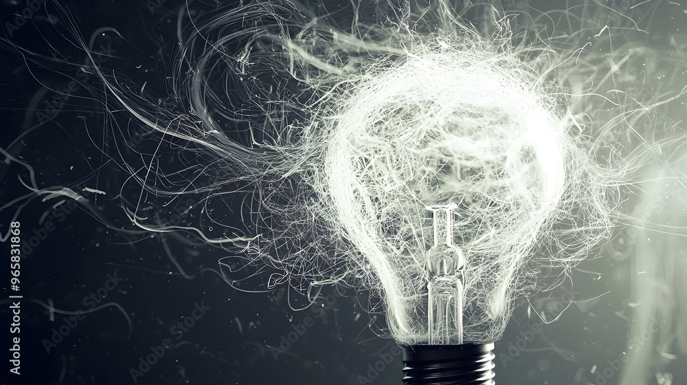 Poster hyper-detailed lightbulb of swirling abstract thoughts symbolizing creativity and innovation