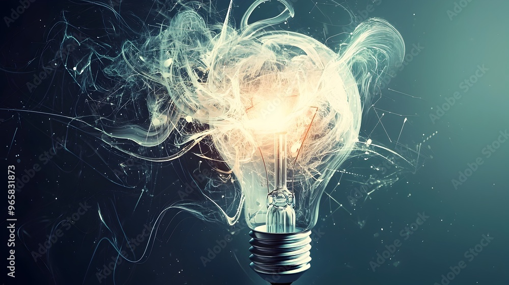 Poster lightbulb formed by swirling abstract thoughts:conceptual representation of creativity and