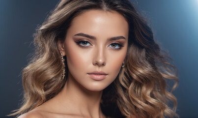 Naklejka premium A woman with long, brown hair and blue eyes looks directly at the camera