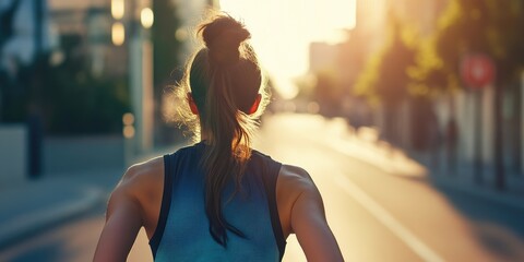 Active Woman Running, Sunlight and Shadows on Road