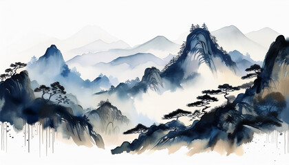 Scenic mountain view in traditional Chinese ink style, hand drawn art with black watercolors