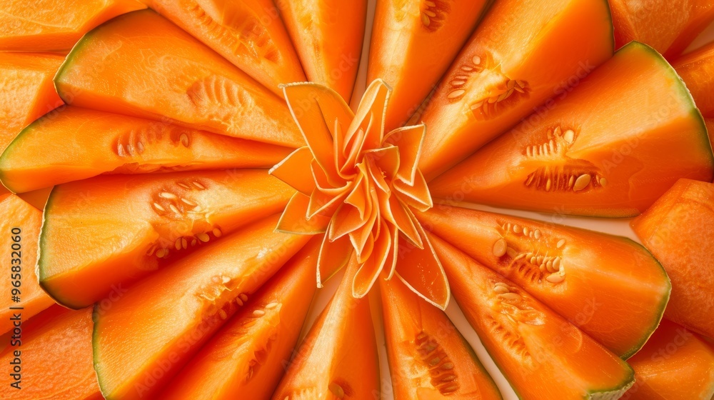 Poster sliced cantaloupe pieces arranged in a radial pattern, with a minimalist background