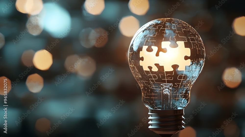 Poster glowing puzzle lightbulb symbolizing innovative solution and creative idea