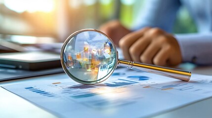 Business leader in a minimalist office magnifying glass in hand analyzing a strategic business plan