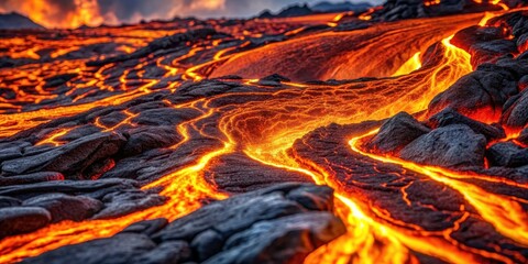 Extreme close up of lava and magma flow, volcanic, molten, heat, movement, fiery, hot, geology, eruption, danger