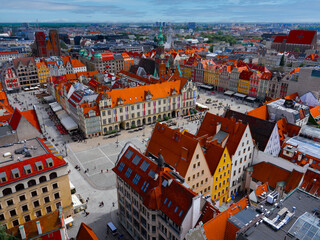 Wroclaw, Poland  05 08 2024 aerial view of of Old Market square in Wroclaw, Poland