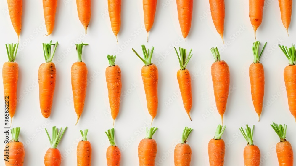 Poster Top view of multiple carrots arranged neatly on a white background