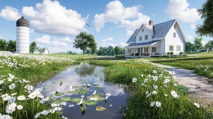 Serene Pastoral Setting: Vintage Farmhouse, Barn, and Silo Amid Picturesque Countryside Beauty