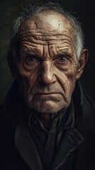 Fototapeta premium Portrait of elderly man against black background- close up