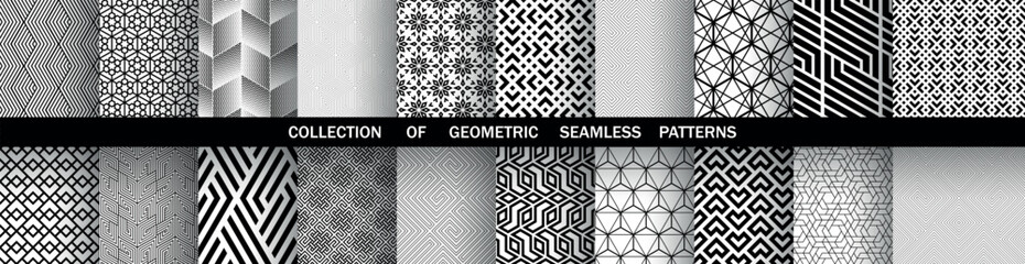 Geometric set of seamless black and white patterns. Simple vector graphics.
