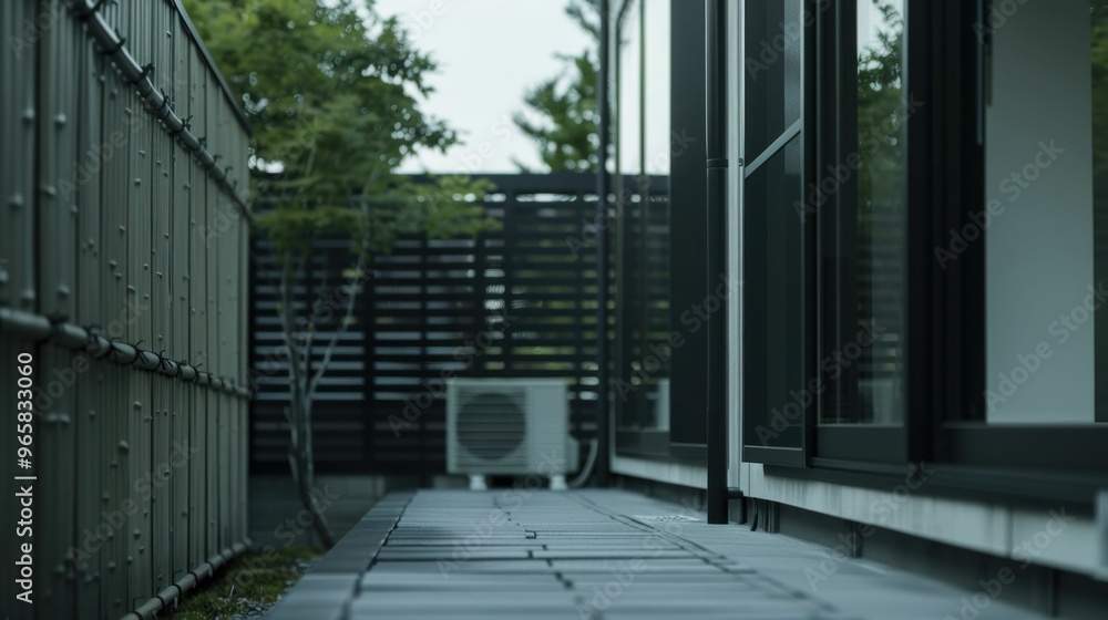 Aufkleber modern architectural details with a sleek pathway and greenery in the background, creating a serene 