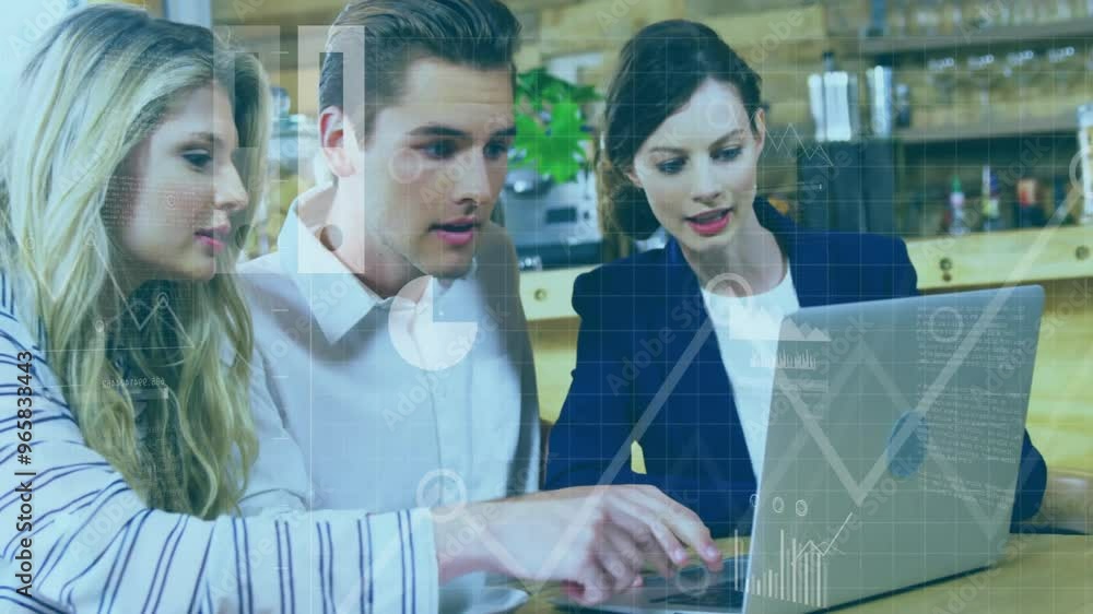 Poster animation of financial data processing over diverse colleagues discussing work in office