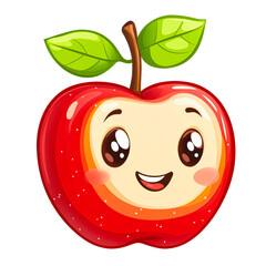 Obraz premium A vibrant cartoon apple character with a cheerful face and two green leaves on top; ideal for children's educational materials isolated on transparency PNG background, healthy eating campaigns