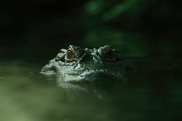 Fototapeta premium A close-up of a crocodile partially submerged in dark water, showcasing its striking eyes and textured skin.