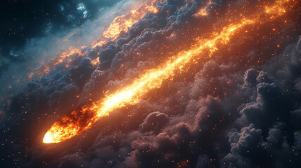 Obraz premium Jet Fuel Trail or Comet Streak: A Fiery Meteor, Rocket Launch, or Supernatural Event Racing Through the Sky with a Glowing Vapor Trail of Light and Fire