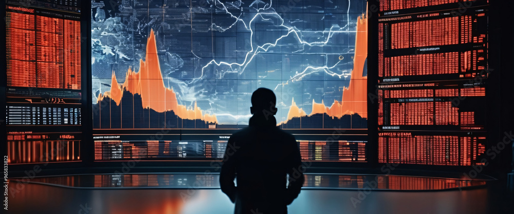 Poster navigating the data storm: a lone figure contemplates a panoramic display of volatile financial data