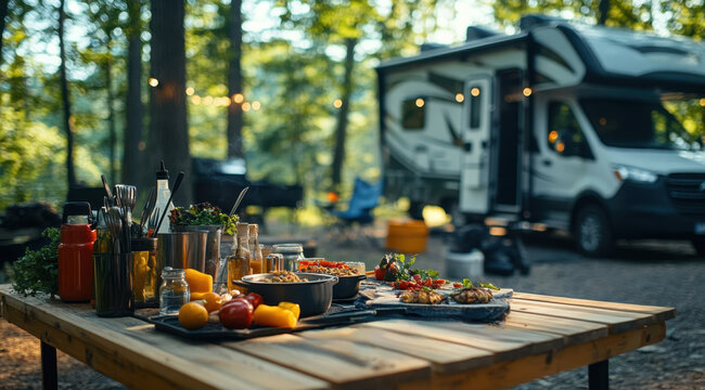 A camping table with cooking utensils and food, set up in front of an RV at the edge of a wooded area. A tent is visible behind it as part of your outdoor adventure
