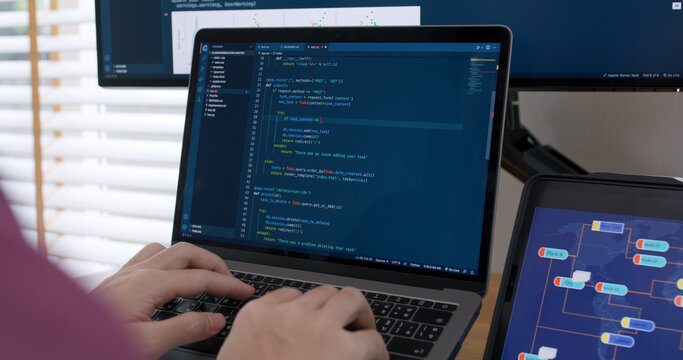 DEV desktop PC screen in AI code in IT developer skill job career typing RPA robotic text line on web page. Project Reskill Upskill HTML write python big data smart server system design cyber support.