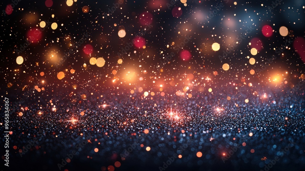Poster a vibrant display of glowing lights and sparkling particles against a dark background