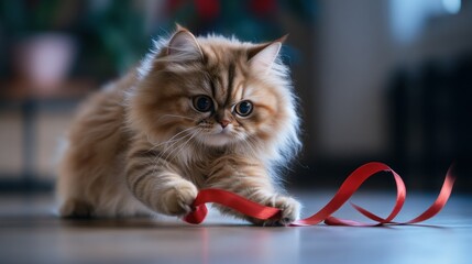 Obraz premium A playful cat interacts with a red ribbon on a wooden floor, showcasing curiosity and playfulness.