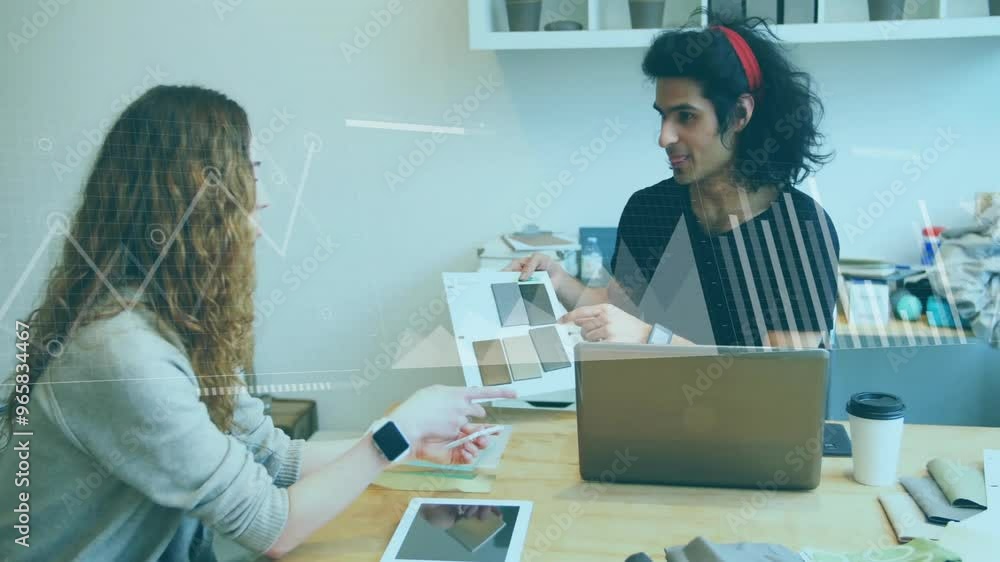 Aufkleber animation of financial data processing over diverse designers discussing work in office