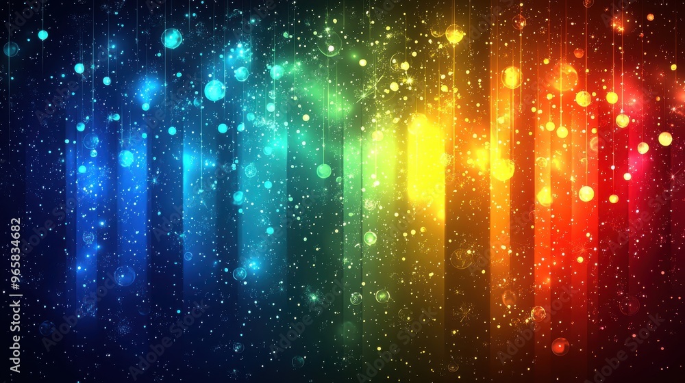 Poster colorful abstract pattern with vibrant light effects and shimmering bokeh in a gradient rainbow spec