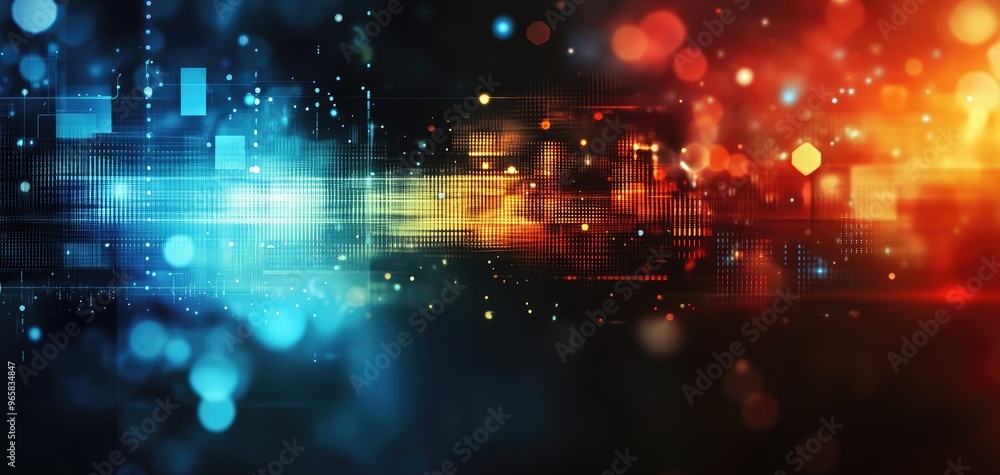 Poster abstract colorful digital background with bright lights and glowing particles, ideal for technology 