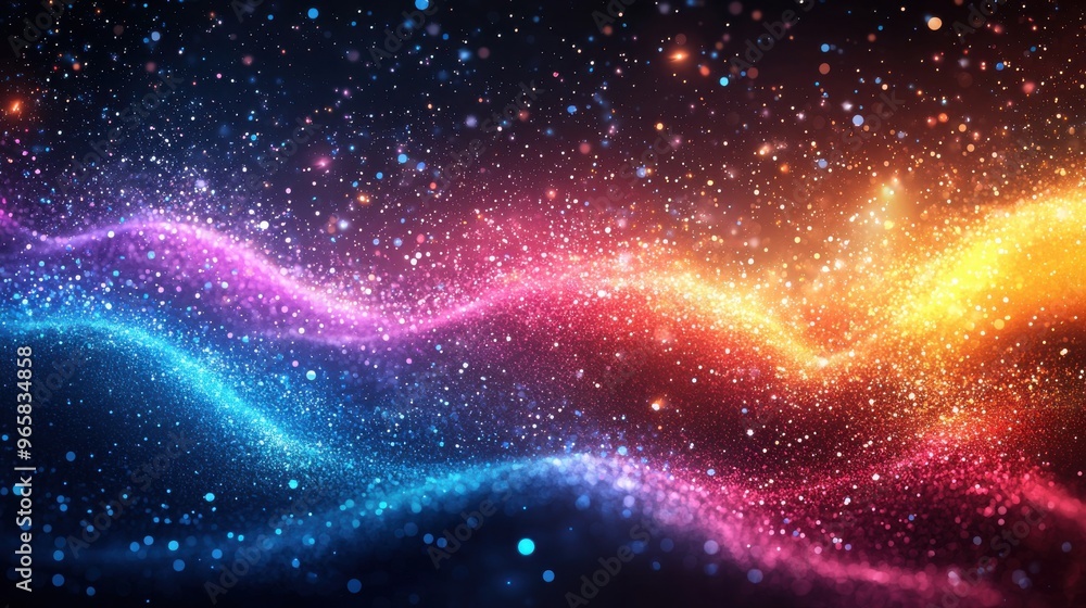 Poster vibrant cosmic waves with shimmering particles swirling through a dark background in a mesmerizing d