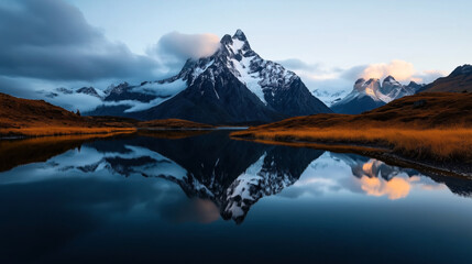 A stunning landscape featuring a snow-capped mountain reflected in a calm lake surrounded by autumn-colored grass under a partly cloudy sky at dusk.