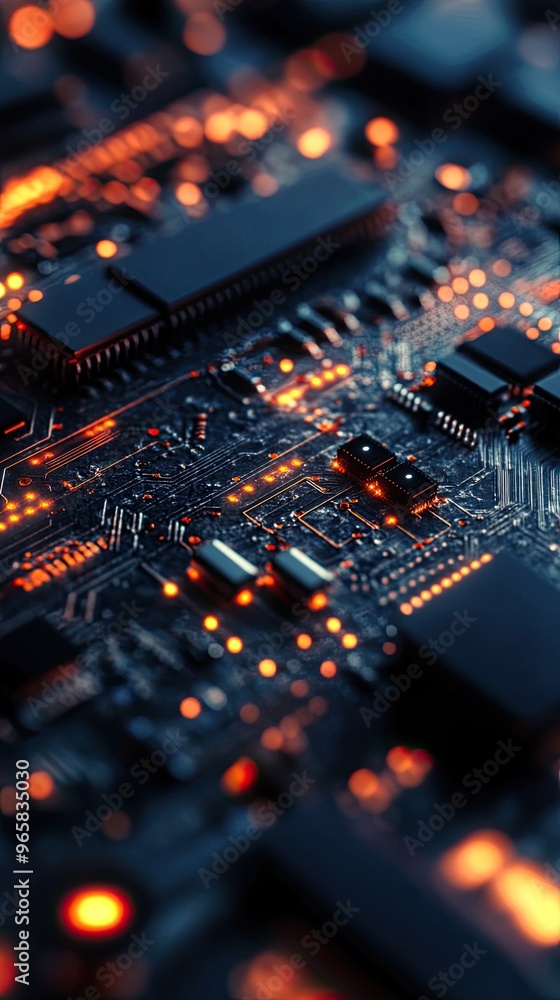 Poster close-up of a circuit board, showcasing intricate details and glowing components that represent mode