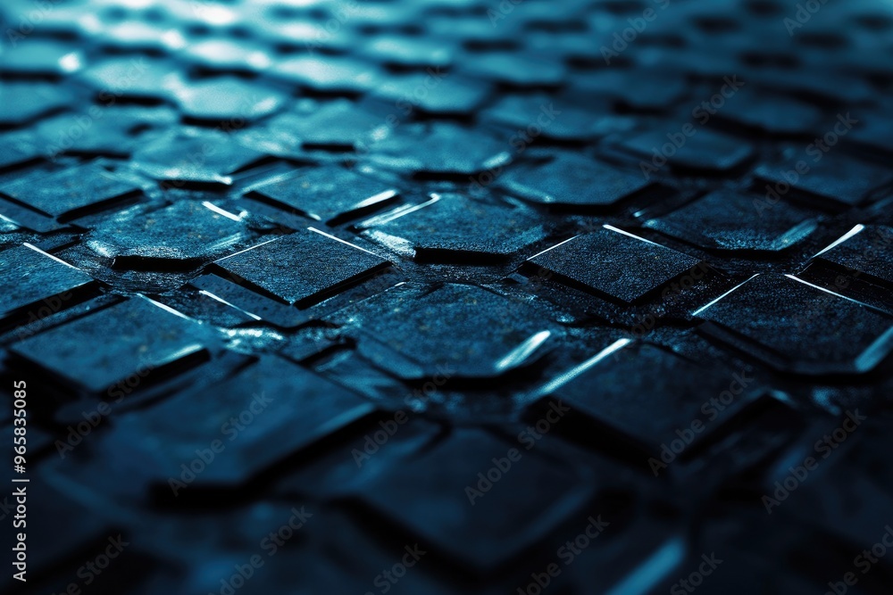 Poster close-up of a textured metal surface with a hexagonal pattern and dramatic lighting, ideal for indus