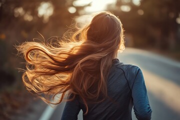 Athletic Woman Running with Detailed Sunlit Shadows on Road