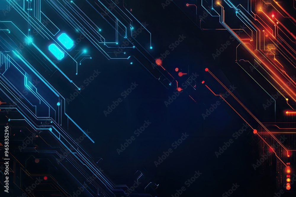 Poster digital abstract background featuring vibrant circuitry patterns in blue and orange tones, ideal for